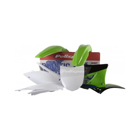 Polisport Full Plastics Kit for Kawasaki KXF450 2012 featuring vibrant green and white plastic components, including fenders, side panels, and number plates.