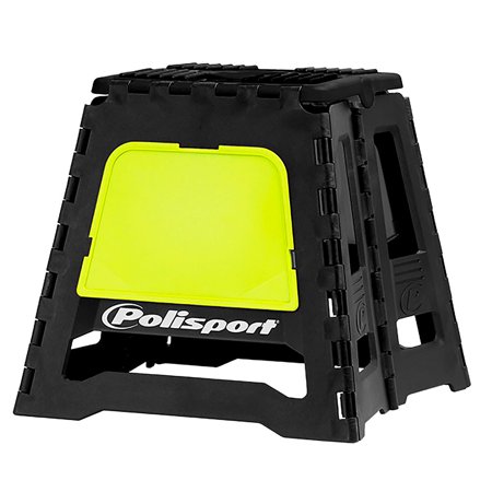 Black motocross bike paddock box stand with a bright fluro yellow panel, made from durable material, featuring a fold-out design for easy storage and transport.