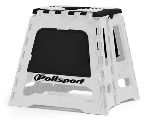 Polisport Moto Folding Box Paddock Stand in black and white, featuring a sturdy plastic construction, collapsible design, and prominent Polisport branding on the front.