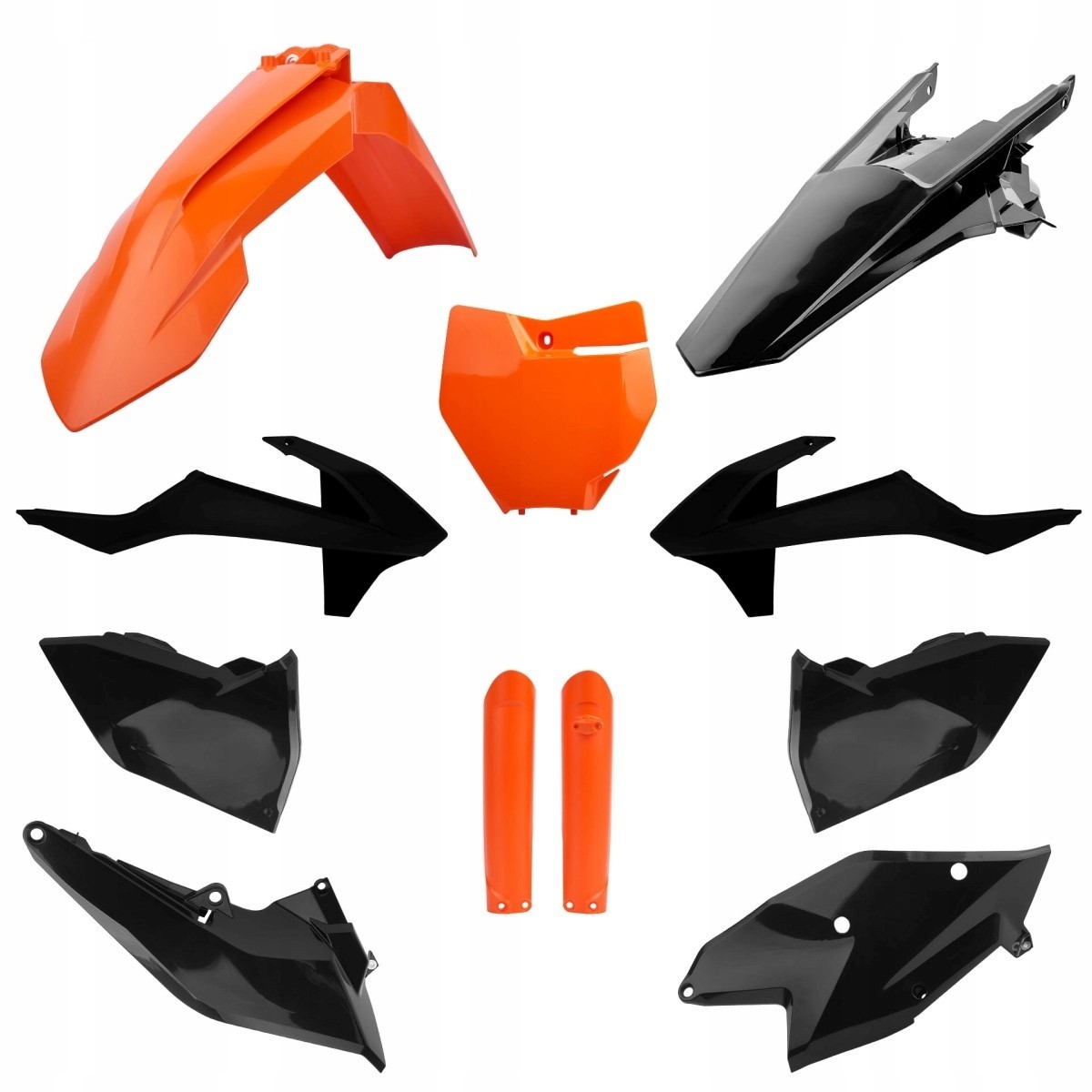 Polisport Plastics Kit featuring orange and black plastic components for KTM SX 125/150/250 and SXF 250/350/450 models from 2016-2018, including fenders and side panels.