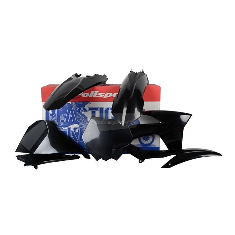 Black plastic bodywork kit for KTM SX125/250 (2012) and SXF250/450 (2011-12), featuring multiple panels including fenders and side covers, packaged in a Polisport box.