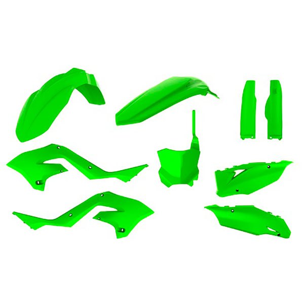 Bright lime green plastic restyle kit for Kawasaki KX125/250 (2003-08) to KXF450 (2020), includes various body panels and fenders for a sleek, updated look.