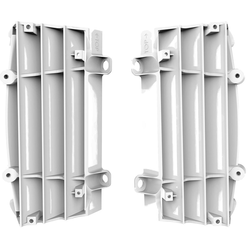 White plastic radiator louvres designed for KTM and Husqvarna models, featuring a ribbed structure and mounting holes for easy installation.
