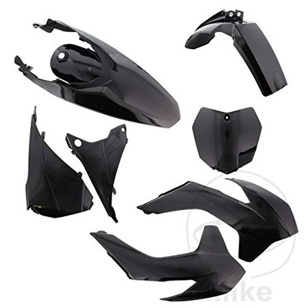 Glossy black plastics kit for KTM EXC/EXC-F models from 2014-2016, featuring multiple body panels including fenders and side covers, designed for durability and style.