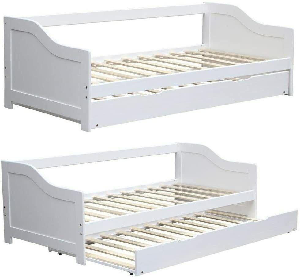 White wooden daybed with a trundle, featuring a slatted base and a simple, modern design, suitable for a child's bedroom.