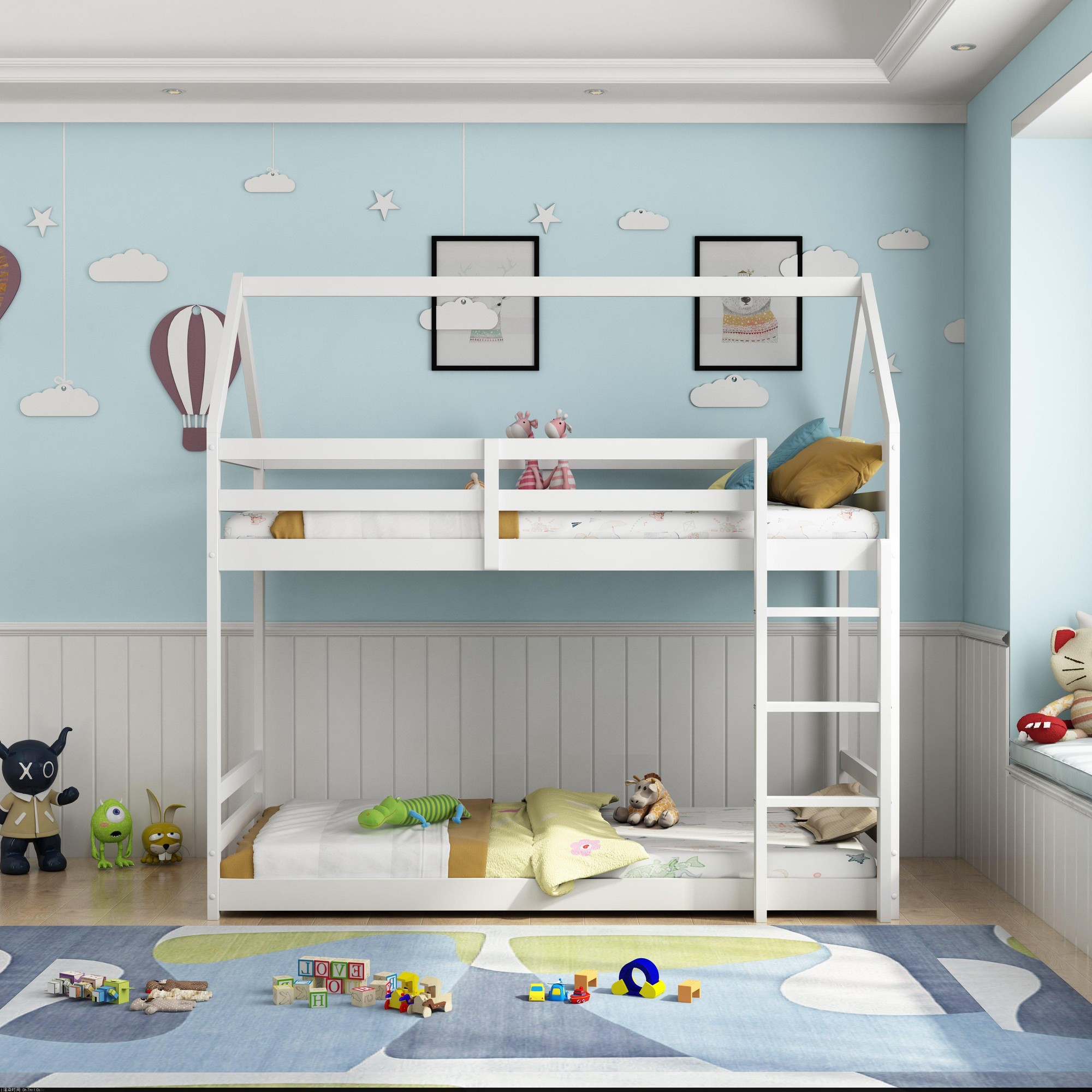 White wooden bunk bed with a house-shaped design, featuring two mattresses, set in a children's room with colorful decor, toys, and a playful rug.