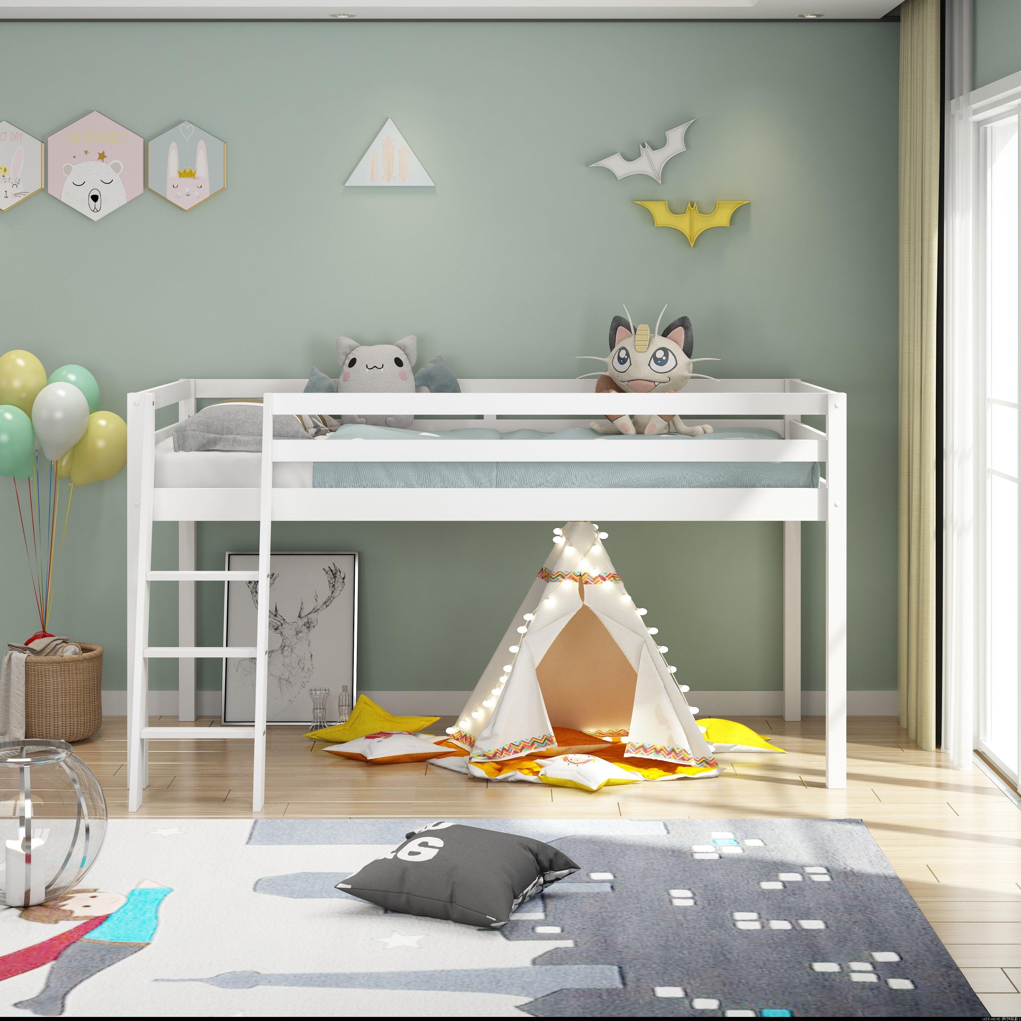 White mid sleeper bunk bed made of pine wood, featuring a ladder, soft blue bedding, and a cozy play area with a tent, plush toys, and colorful cushions on a patterned rug.