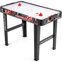 Power Play 3ft air hockey table with black legs, white surface, red paddles, and vibrant graphics.