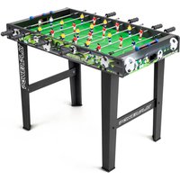 Power Play 3ft football game table with green field, black legs, and colorful player figures on rods.