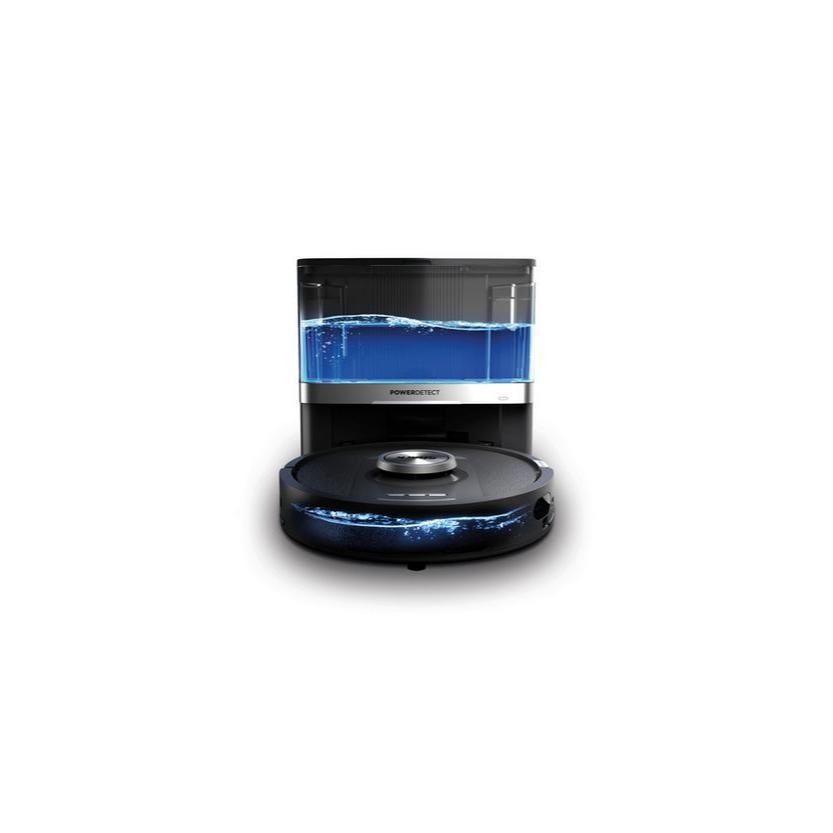Black 2-in-1 self-empty robot vacuum and mop with a sleek design, featuring a circular base and a transparent water tank displaying blue liquid.