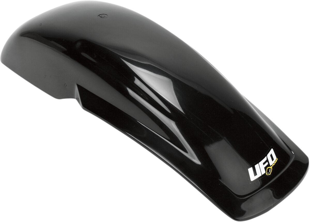 Black plastic rear fender with a sleek design, featuring a glossy finish and the UFO logo in white, suitable for universal fitment on various vehicles.