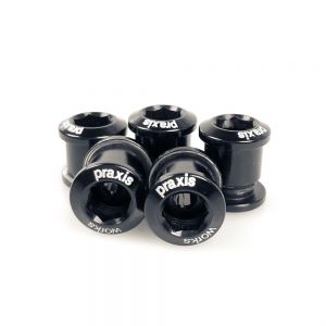 Set of five black alloy chainring bolts with a smooth finish and engraved "praxis" branding, designed for durability and performance in cycling applications.