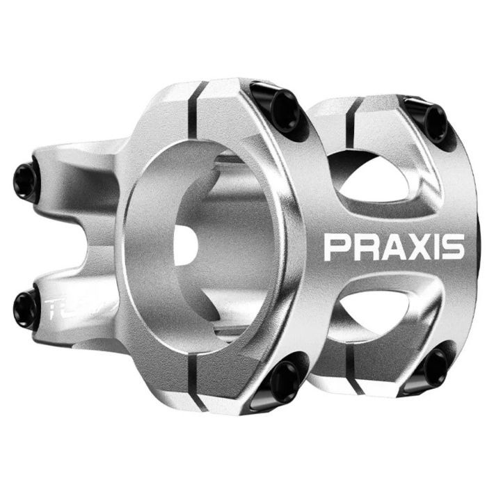 Silver Praxis Works Turn Stem featuring a sleek design, 35mm and 40mm lengths, with a polished aluminum finish and black bolts for secure attachment.