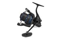 Black and blue Preston Innovations Magnitude Match Reel with a sleek design, featuring a large spool, smooth handle, and precision gearing for optimal performance in fishing.