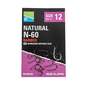 Preston Innovations Natural N-60 barbed match hooks, size 12, in a black and purple packaging, featuring 15 hooks made in Japan.