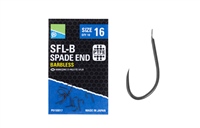 Black barbless spade end fishing hooks, size 16, packaged in a green and black box with a grid design, featuring ten hooks per pack.