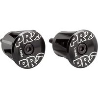 Black Pro anodized alloy handlebar end plugs with white logo and hex bolt center.