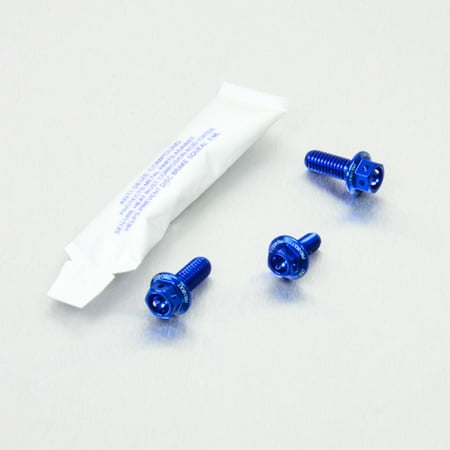 Pro-Bolt Aluminium Front Brake Line Clip Mount Bolt Kit in vibrant blue, featuring three blue anodized bolts and a small tube of thread lock adhesive.