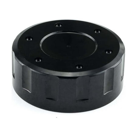 Black anodized aluminum front brake reservoir cap with a smooth top and six recessed screw holes, featuring a ribbed edge for grip.