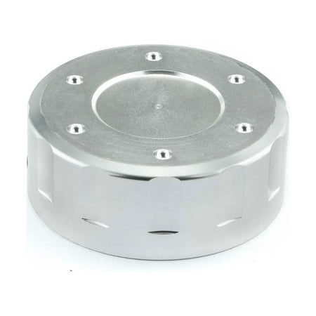 Silver aluminium front brake reservoir cap with a smooth surface, six recessed screw holes, and a sleek, rounded design.