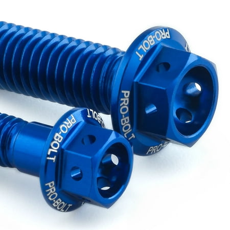 Blue anodized aluminum brake line clip mount bolts with hexagonal heads, featuring engraved "PRO-BOLT" branding, designed for durability and performance.