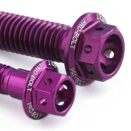 Purple anodized aluminum rear brake reservoir and master cylinder bolts with hexagonal heads, featuring engraved "PRO-BOLT" branding.