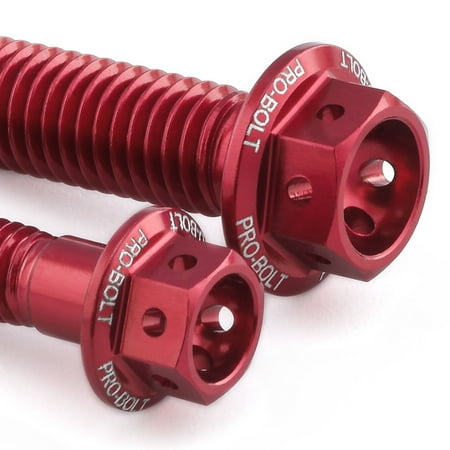Red anodized aluminum bolts with hexagonal heads, featuring "PRO-BOLT" branding, designed for rear brake reservoir and master cylinder applications.