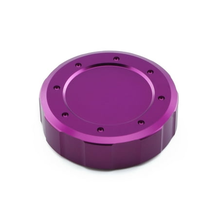 Purple aluminium reservoir cap, 61mm in diameter, featuring a smooth surface with a raised edge and six visible screw holes for secure attachment.