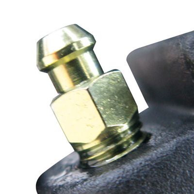 Stainless steel bleed nipple in gold, featuring an M10 thread and a rounded top, secured to a black component with a hexagonal nut.