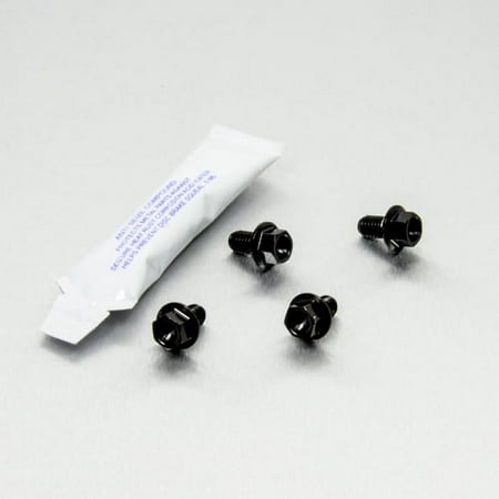 Black stainless steel brake disc and caliper guard mount bolt kit by Pro-Bolt, featuring four bolts and a small packet of adhesive.