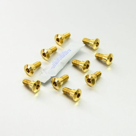 Gold stainless steel brake disc bolts arranged neatly, featuring a shiny finish and hexagonal heads, accompanied by a small packet.