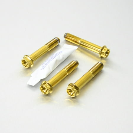Four gold stainless steel radial caliper mount bolts with a shiny finish, featuring hexagonal heads and a packet of thread-locking adhesive.