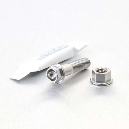 Stainless steel rear brake lever pivot bolt kit in silver, featuring a hexagonal bolt and nut, accompanied by a small packet of thread lock adhesive.