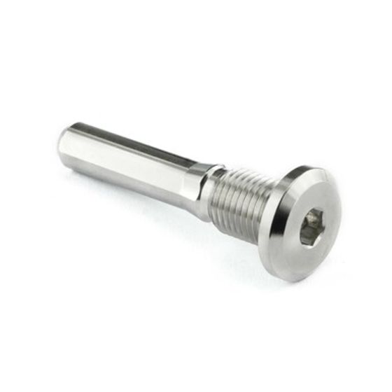 Stainless steel rear caliper through pin by Pro-Bolt, featuring a silver finish, hexagonal socket head, and smooth, polished shaft.