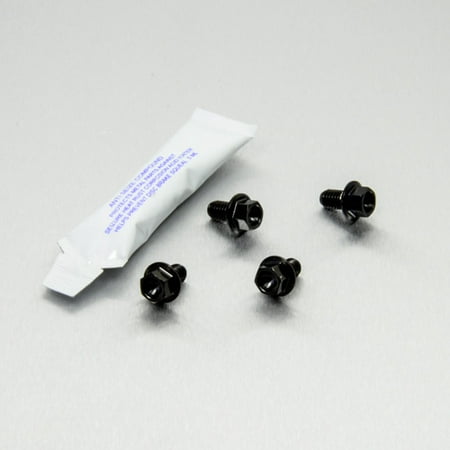 Black titanium brake disc and caliper guard mount bolt kit by Pro-Bolt, featuring four black bolts and a small tube of adhesive.