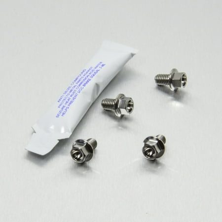Silver titanium brake disc and caliper guard mount bolt kit by Pro-Bolt, featuring four bolts with hex heads and a packet of thread lock adhesive.