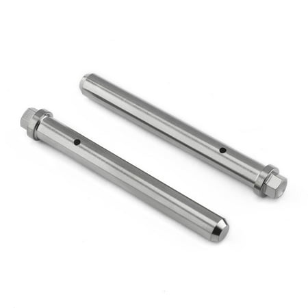 Silver titanium caliper pin kit featuring two cylindrical pins with hexagonal ends and drilled holes for secure installation.