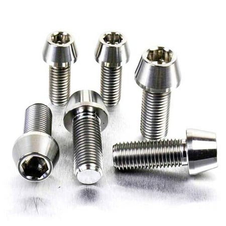 Silver titanium brake caliper mounting bolts in various sizes, featuring a sleek, polished finish and hexagonal heads for easy installation.