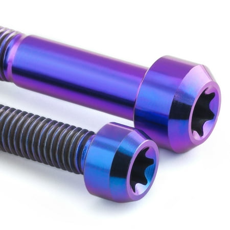Purple titanium front brake caliper mounting bolts with a shiny finish, featuring hexagonal heads and threaded shafts, designed for durability and performance.