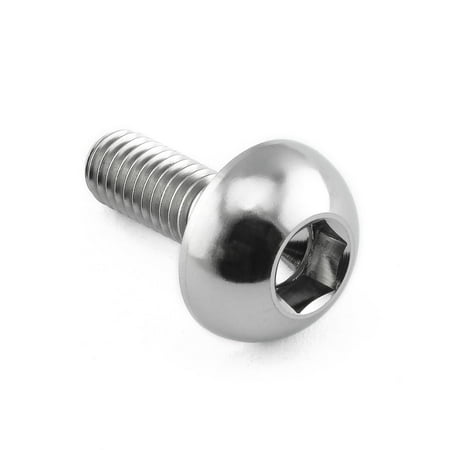 Silver titanium front brake disc bolt with a rounded head and hexagonal socket, designed for durability and lightweight performance.