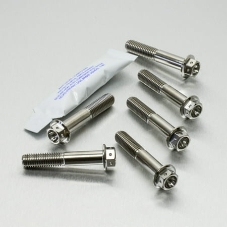 Silver titanium front caliper pinch bolt kit by Pro-Bolt, featuring six shiny bolts with hex heads and a small packet of thread lock adhesive.