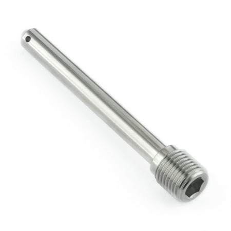 Silver titanium brake caliper pad pin with a smooth, cylindrical shaft and a hexagonal head, featuring a hole at the end for secure attachment.