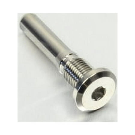 Silver titanium rear brake caliper mounting slide bolt with a smooth shaft, threaded section, and a circular flange featuring a central hex socket for installation.