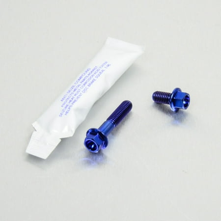 Pro-Bolt Titanium Rear Brake Disc & Caliper Guard Mount Bolt Kit in blue, featuring two blue titanium bolts and a small packet of adhesive.
