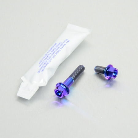 Purple titanium bolts with a hexagonal head, designed for rear brake disc and caliper guard mounting, accompanied by a small packet of thread lock adhesive.