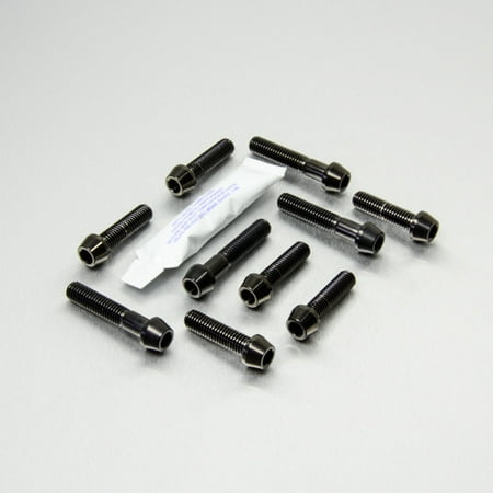Pro-Bolt Titanium Rear Pannier Mount Bolt Kit in black, featuring ten black titanium bolts with hex heads and a small tube of adhesive.