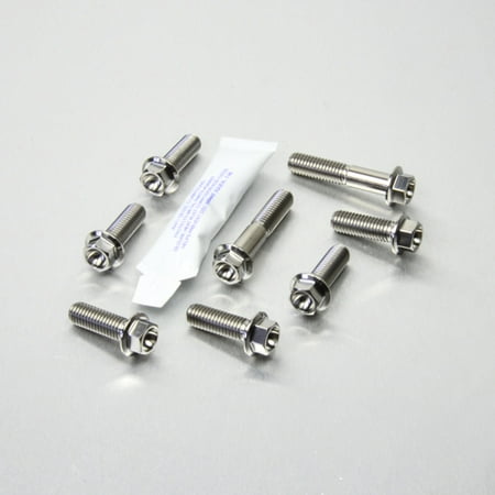 Silver titanium rear pannier mount bolt kit featuring various sizes of bolts and nuts, accompanied by a small packet of thread lock adhesive.