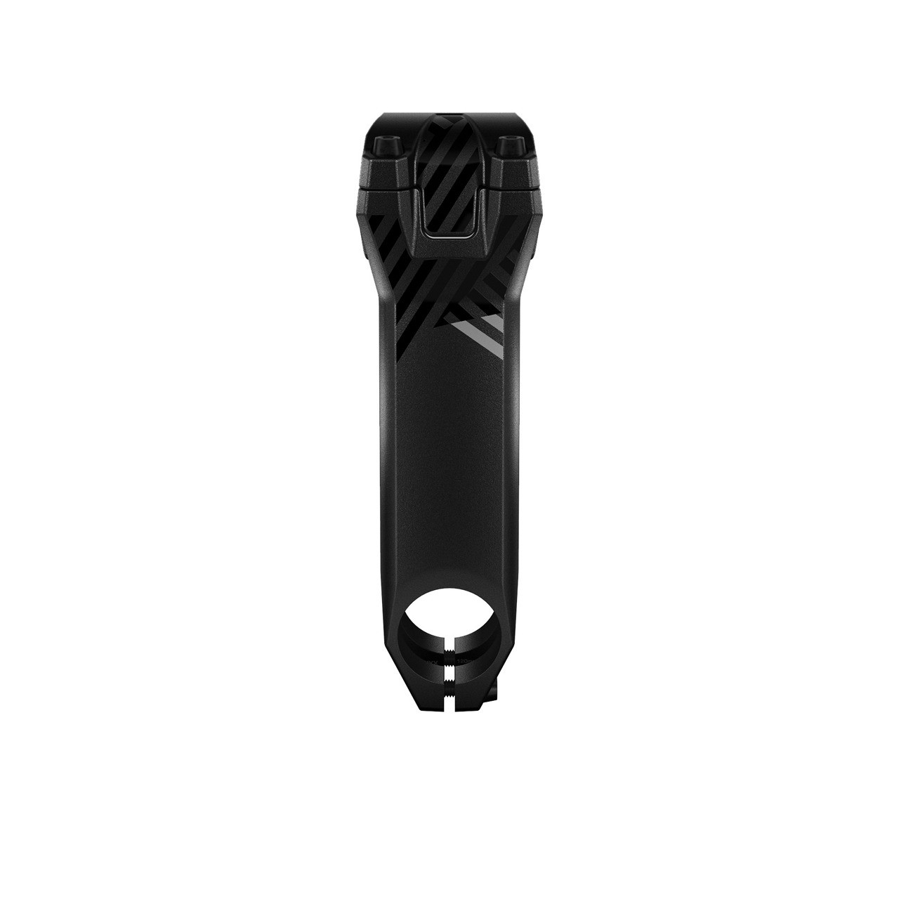 Black aluminum gravel stem with a sleek design, measuring 110 mm and featuring a 1-1/8" clamp diameter, highlighted by subtle geometric patterns.