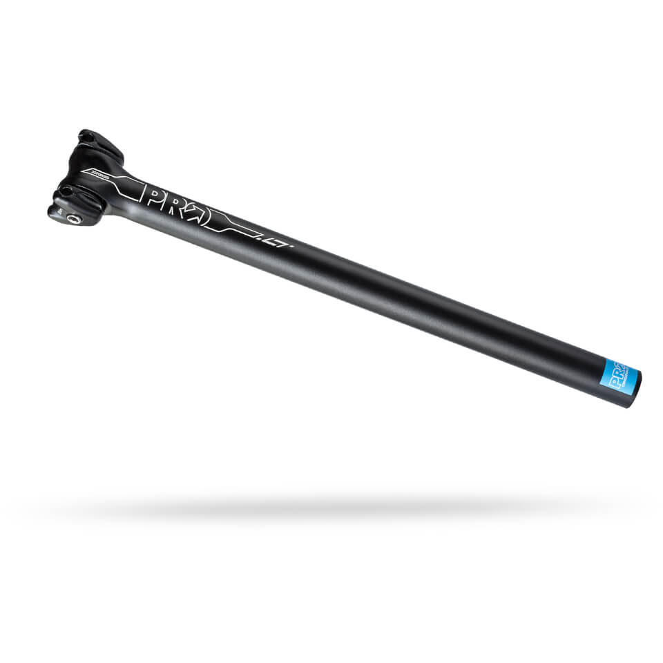 Black alloy seatpost with a diameter of 31.6mm and a 20mm offset, featuring a sleek design and blue branding detail near the clamp area.