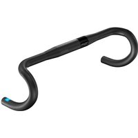 Black PRO PLT Alloy Compact Handlebar, 36cm width, with ergonomic drop design and blue accent on the left end.